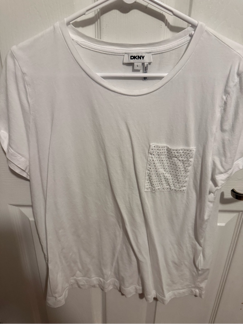 DKNY White Short Sleeve Tee with Embellished Pocket